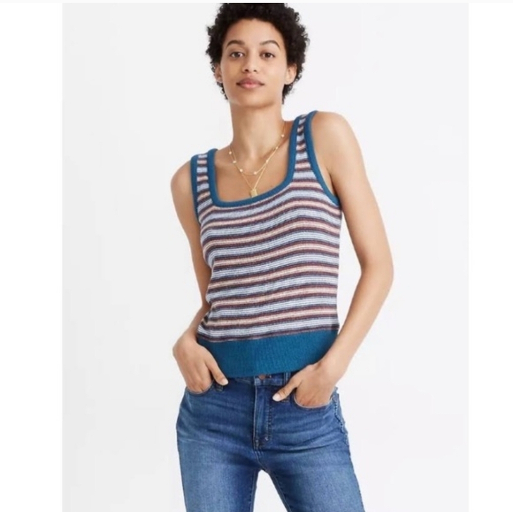Madewell striped textural square neck tank. Size XS. Blue/multi stripes